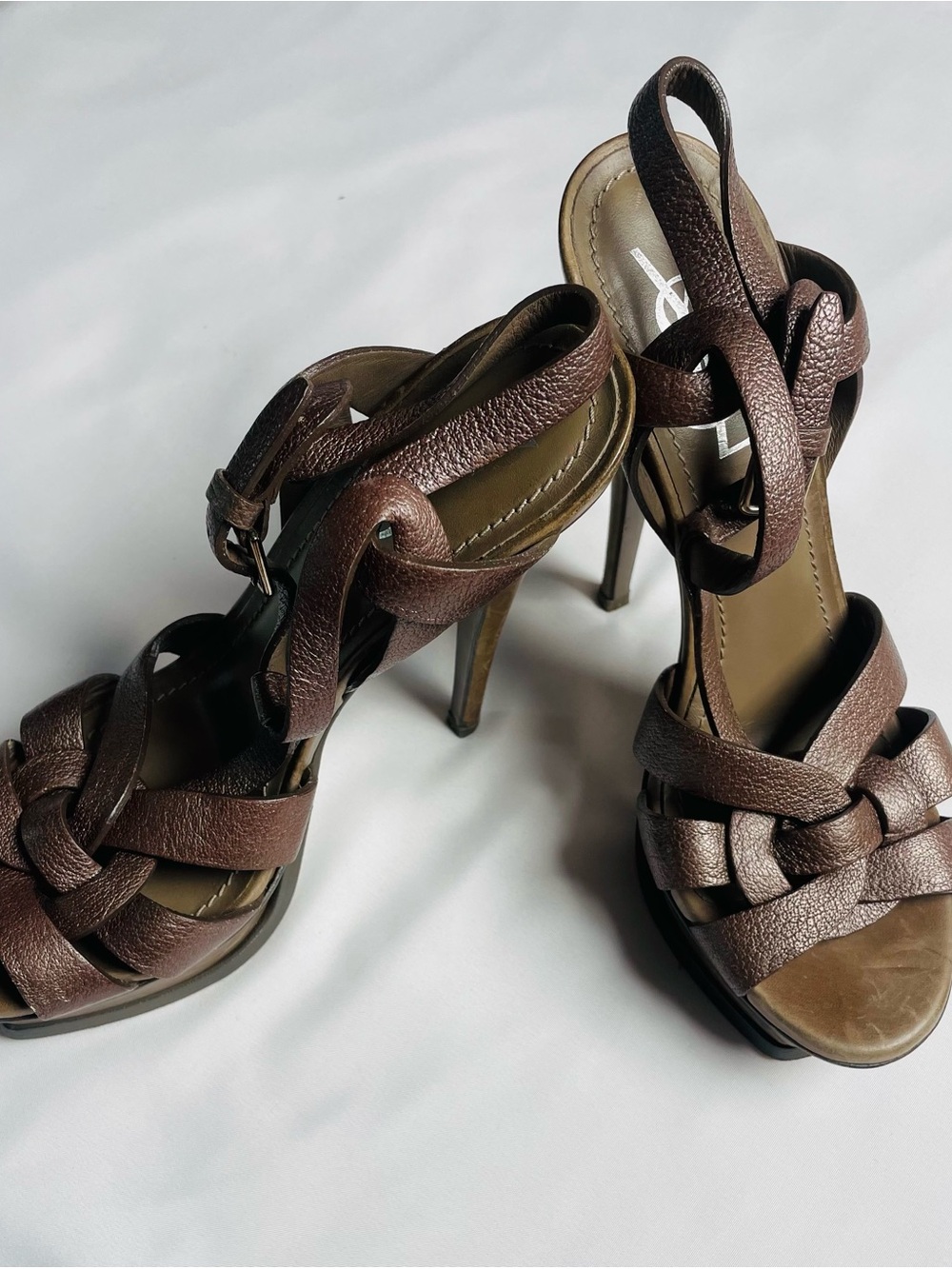 Yves Saint Laurent (YSL) Iconic Tribute Platform Sandals Brown Textured Leather